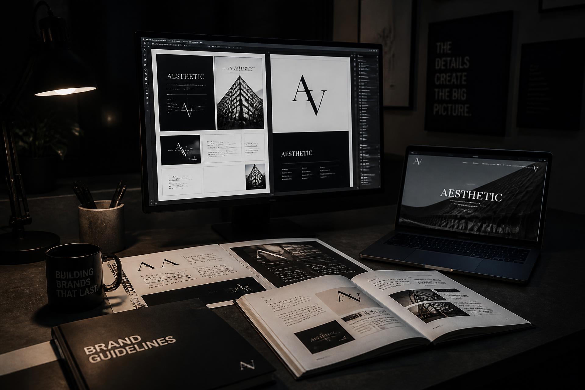 Creative design studio workspace with branding layouts on screen