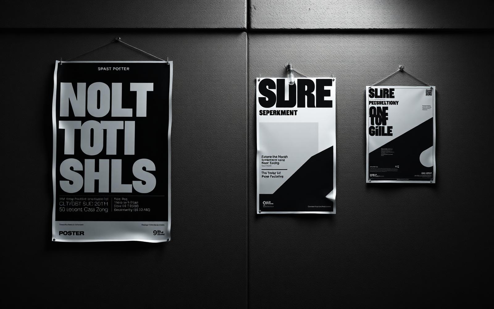 Typographic posters displayed on a dark wall